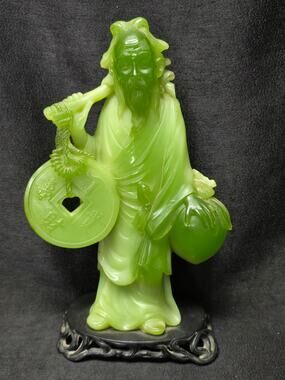 Vintage Chinese Resin Faux Jade Hand Carved Wise Old Man Figurine Statue 11"